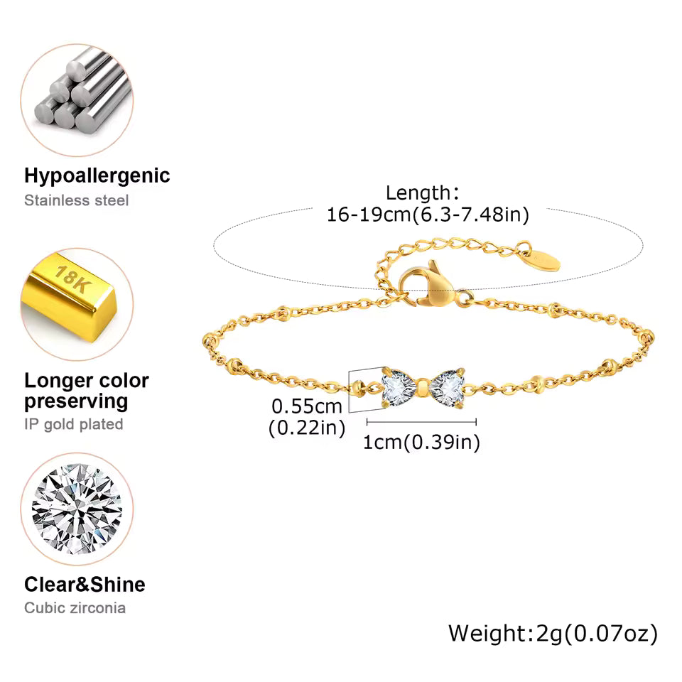 🎀 Zirkon-Schleifenarmband – Goldfarben, Edelstahl & Perlenkette🎀