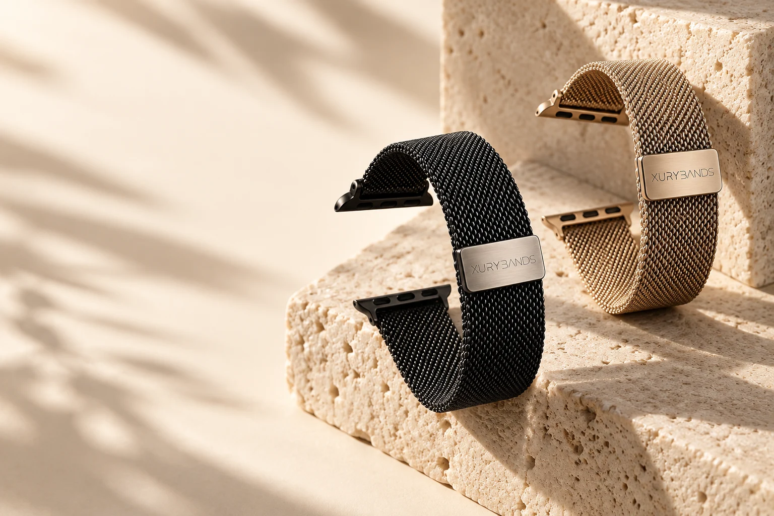 Xurybands Armbänder auf hellem Naturstein im warmen Sonnenlicht
