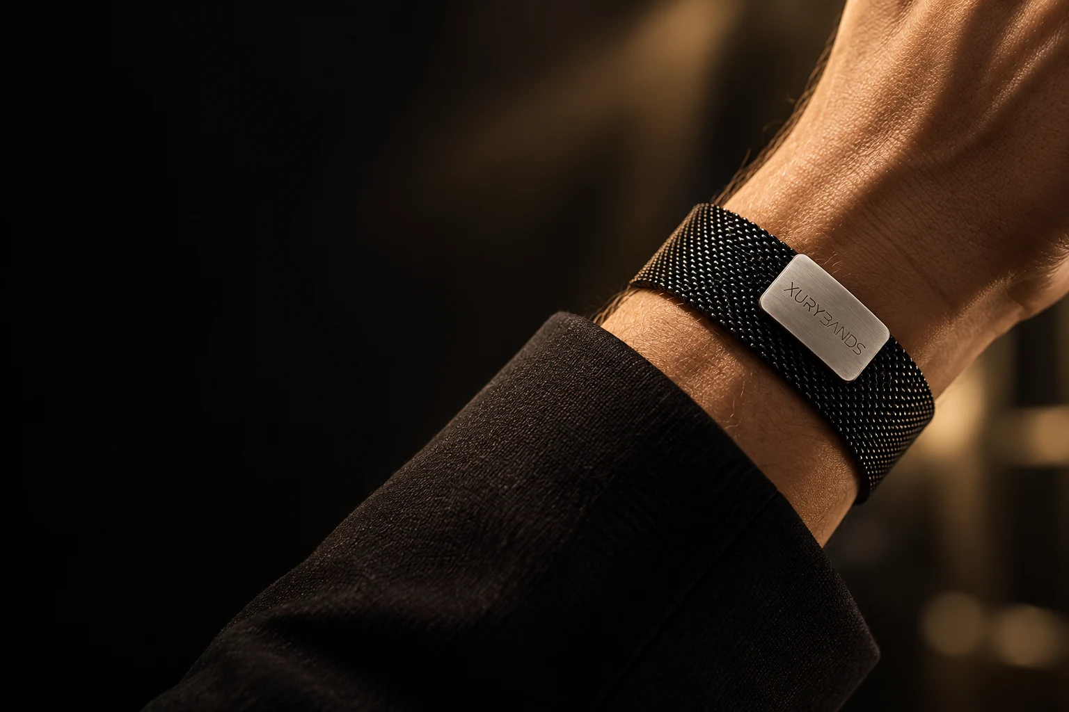 Schwarzes Xurybands Milanaise-Armband am Handgelenk zu dunklem Stoff